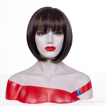 Wholesale stort brown mix blonde bob wig with natural bangs synthetic hair wigs for women